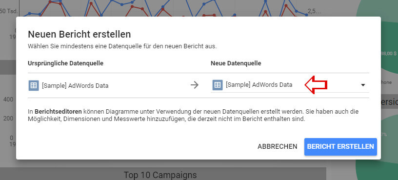 AdWords Dashboard Datenquelle auswählen